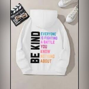 White "Be Kind" Graphic Hoodie with Multicolor Text